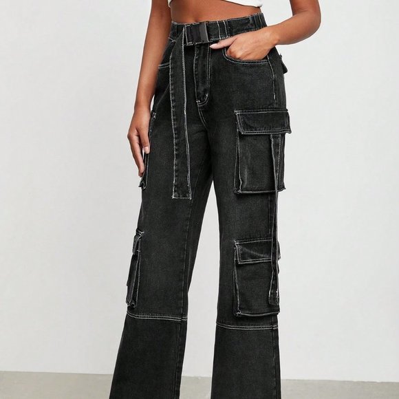 Black Casual Womens Flap Pocket Belted Cargo Jeans - Picture 5 of 5